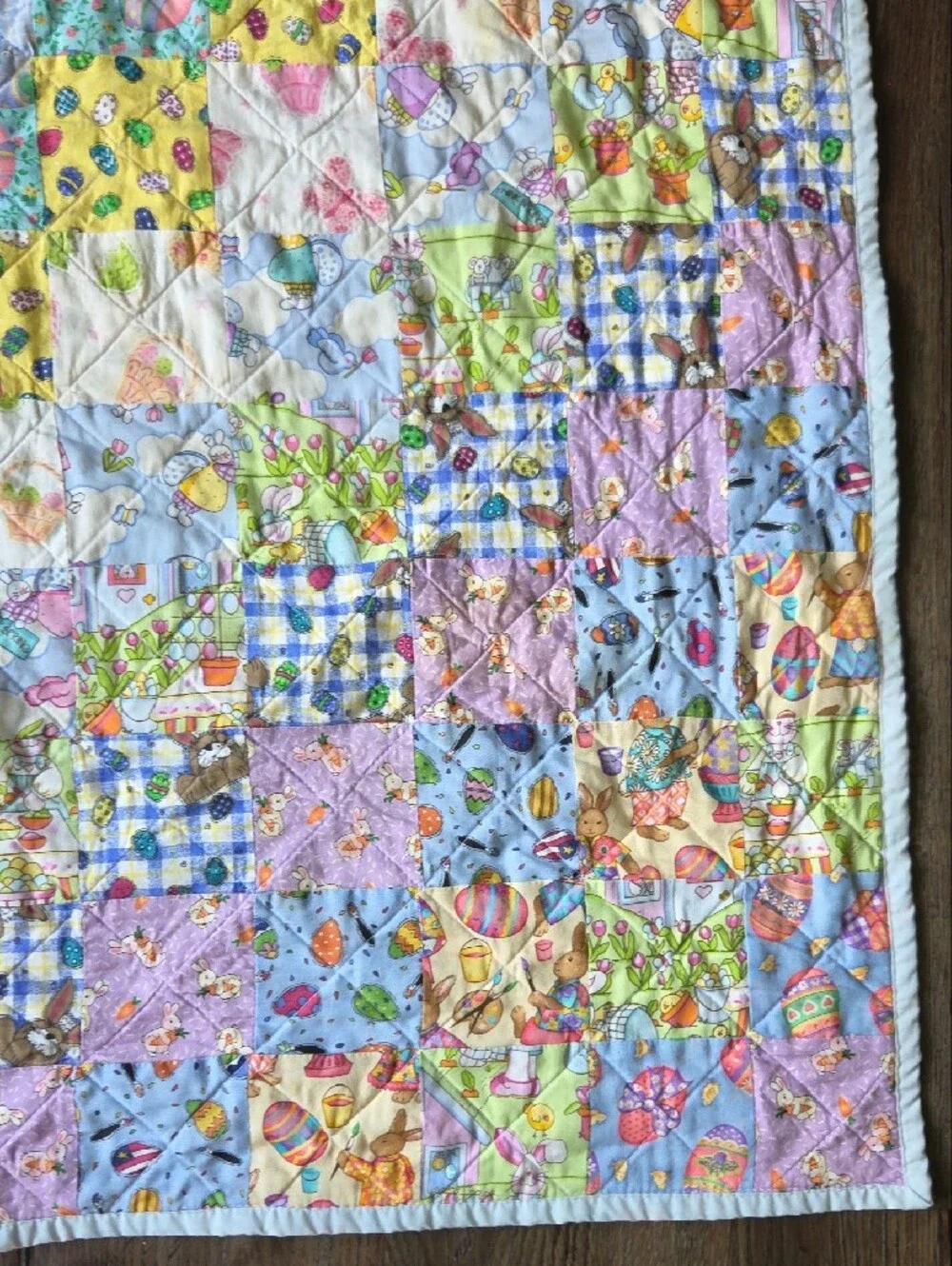 Handmade Pastel Patchwork  Baby Quilt Easter  Bunny Yellow Purple Blue